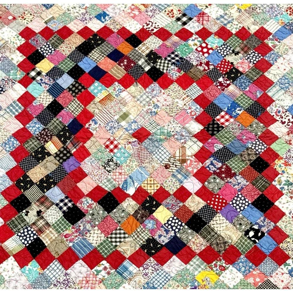 Handmade Patchwork Quilt Red Scrappy Postage Stamp Style 70
